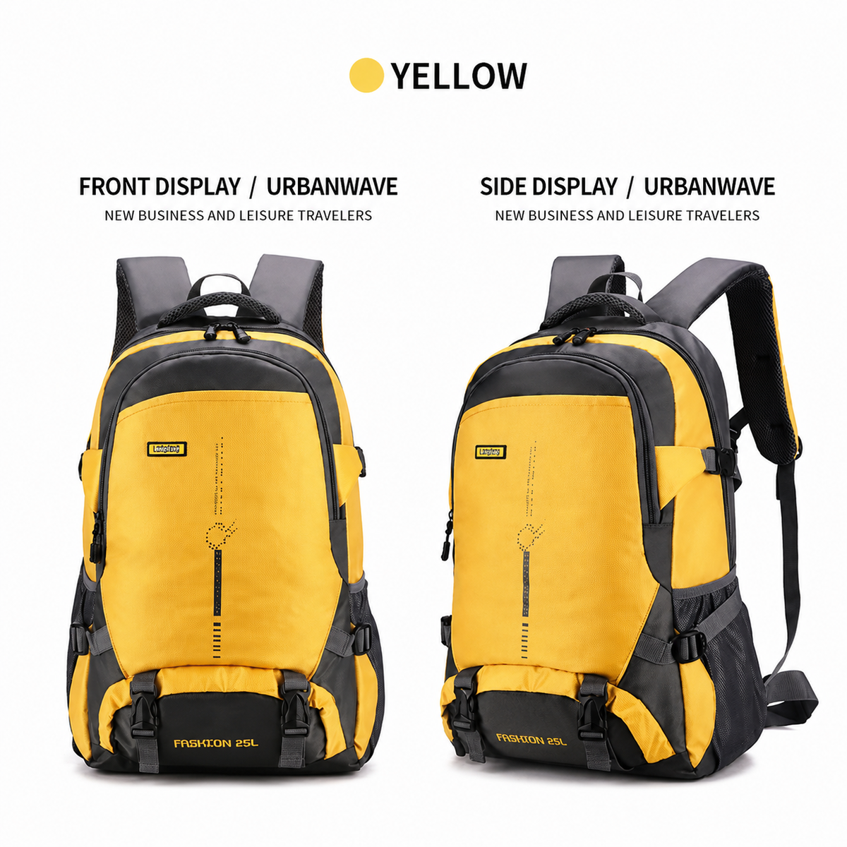 A yellow and black backpack shown from front and side views on a white background, with text reading FRONT DISPLAY / URBANWAVE and SIDE DISPLAY / URBANWAVE above each view. The word YELLOW appears at the top with a yellow circle icon.